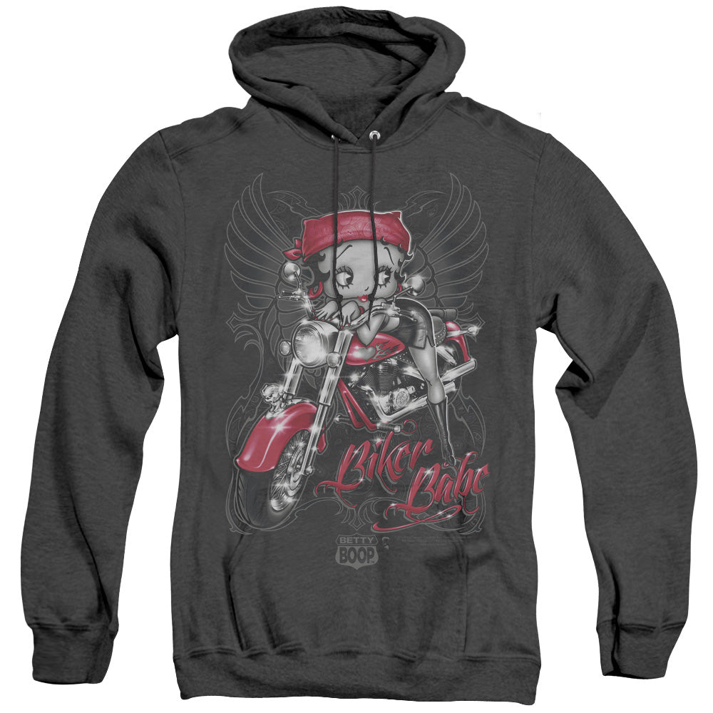 AN OFFCIALLY LICENSED BETTY BOOP BIKER BABE ADULT UNISEX HEATHER PULLOVER HOODIE BLACK