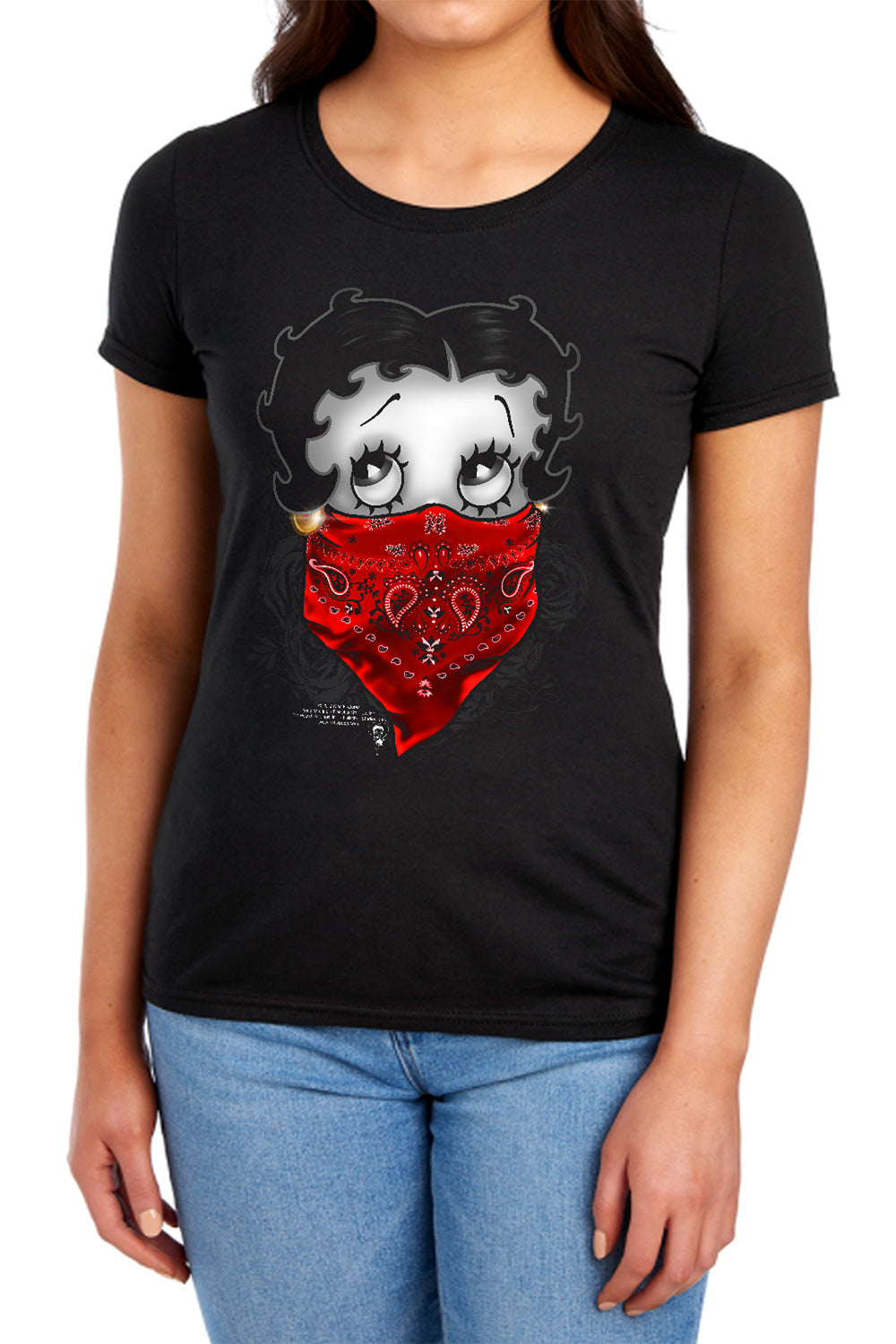 AN OFFCIALLY LICENSED BETTY BOOP BANDANA & ROSES WOMEN'S REGULAR FIT T-SHIRT BLACK