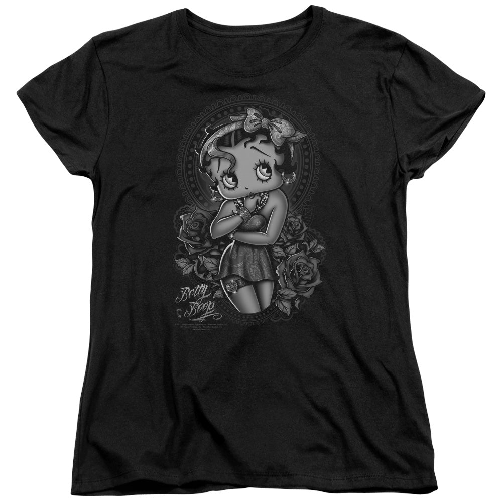 AN OFFCIALLY LICENSED BETTY BOOP FASHION ROSES WOMEN'S REGULAR FIT T-SHIRT BLACK