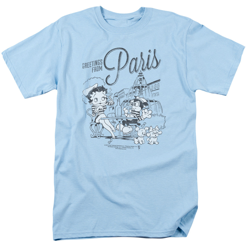 AN OFFCIALLY LICENSED BETTY BOOP GREETINGS FROM PARIS MEN'S REGULAR FIT T-SHIRT LIGHT BLUE