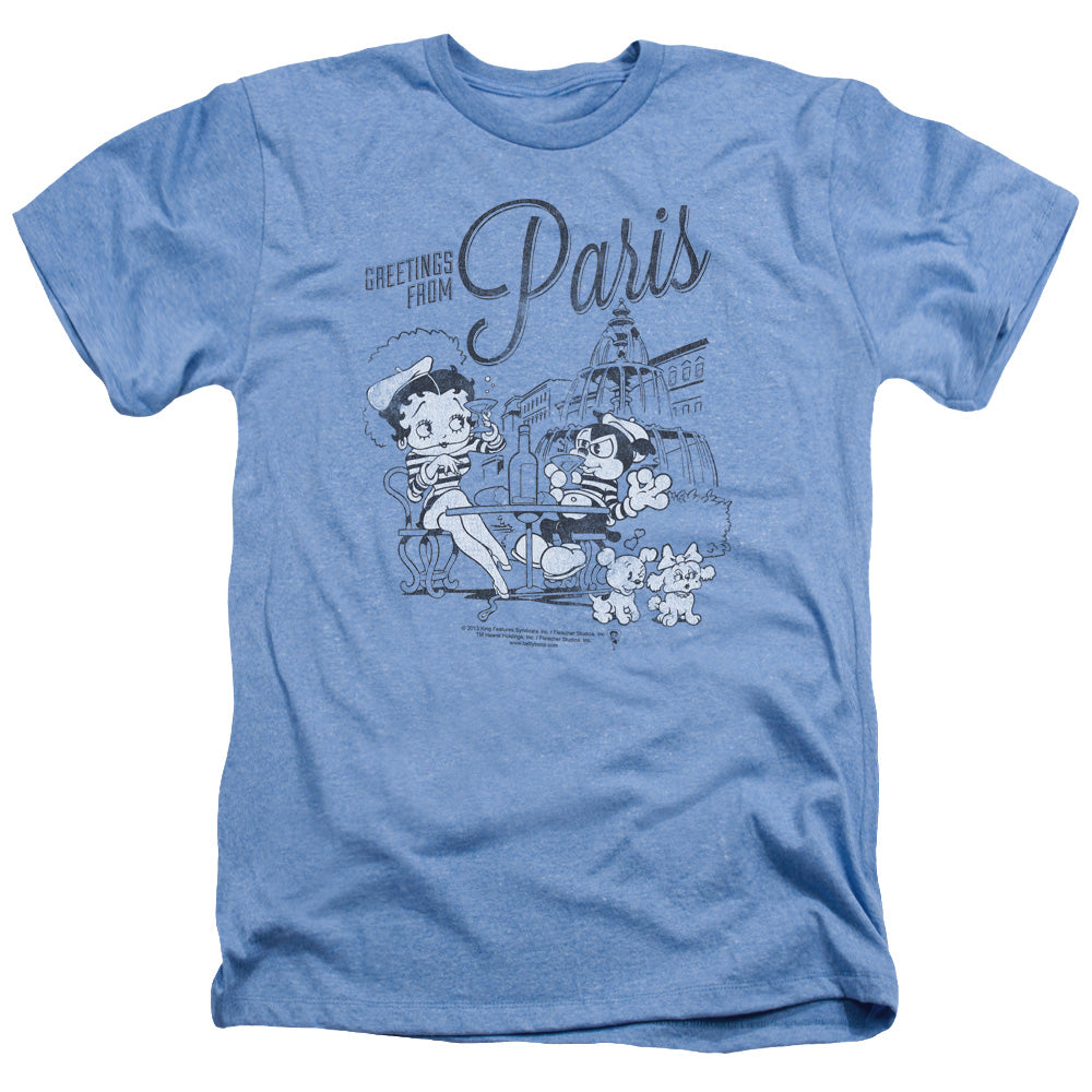 AN OFFCIALLY LICENSED BETTY BOOP GREETINGS FROM PARIS MEN'S HEATHER T-SHIRT LIGHT BLUE