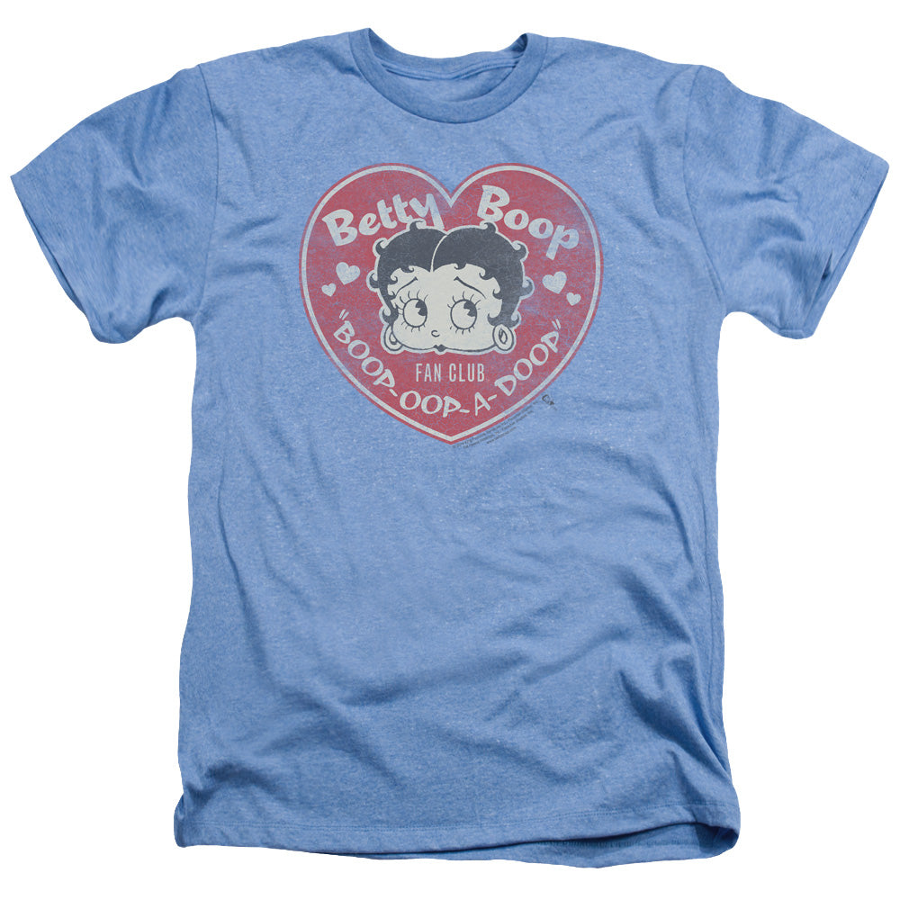AN OFFCIALLY LICENSED BETTY BOOP FAN CLUB HEART MEN'S HEATHER T-SHIRT LIGHT BLUE