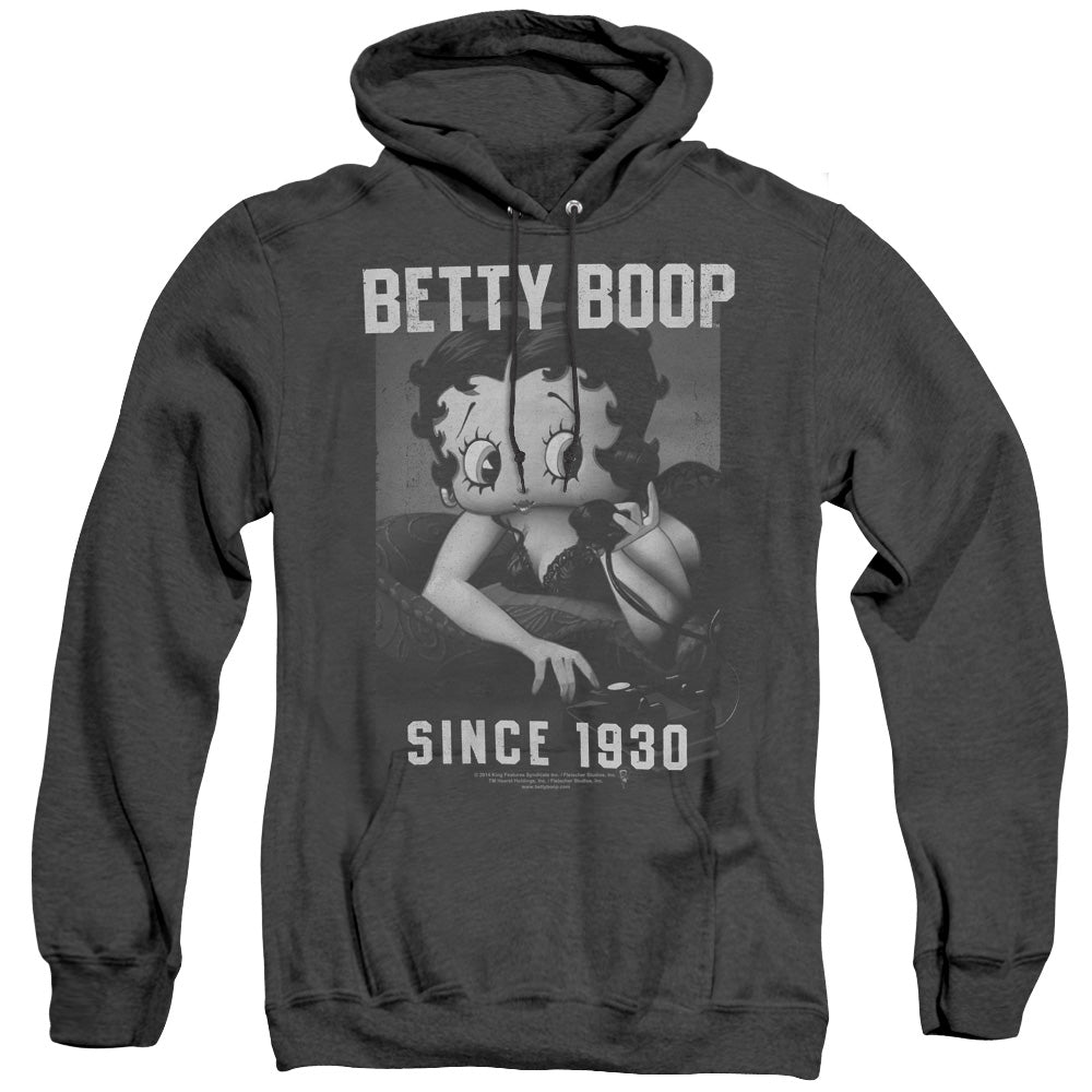 AN OFFCIALLY LICENSED BETTY BOOP ON THE LINE ADULT UNISEX HEATHER PULLOVER HOODIE BLACK