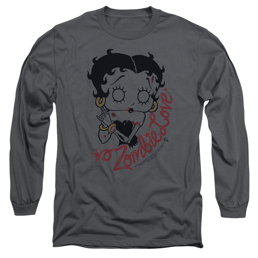 AN OFFCIALLY LICENSED BETTY BOOP CLASSIC ZOMBIE MEN'S LONG SLEEVE T-SHIRT CHARCOAL