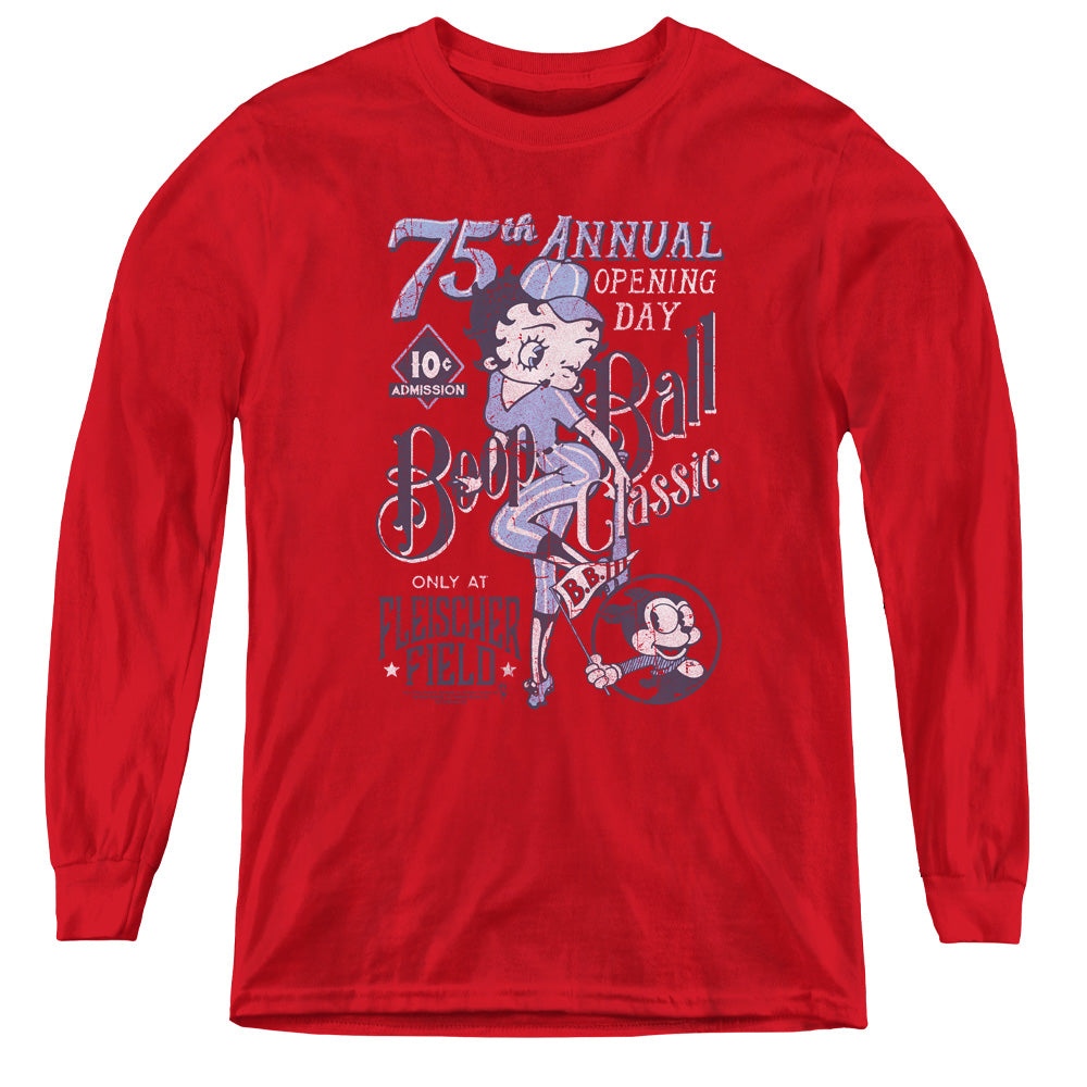 AN OFFCIALLY LICENSED BETTY BOOP BOOP BALL YOUTH LONG SLEEVE T-SHIRT RED