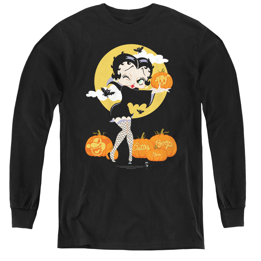 AN OFFCIALLY LICENSED BETTY BOOP VAMP PUMKINS YOUTH LONG SLEEVE T-SHIRT BLACK