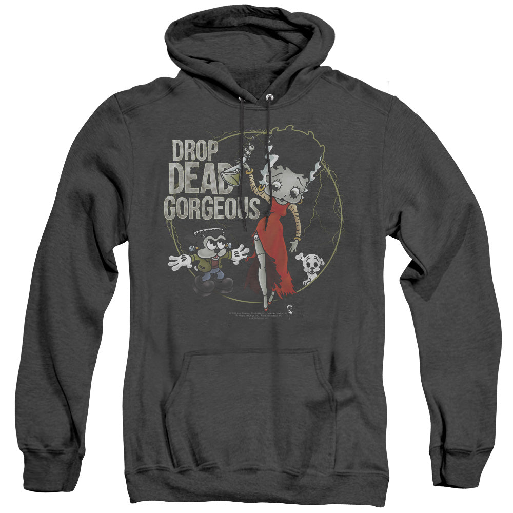 AN OFFCIALLY LICENSED BETTY BOOP DROP DEAD GORGEOUS ADULT UNISEX HEATHER PULLOVER HOODIE BLACK