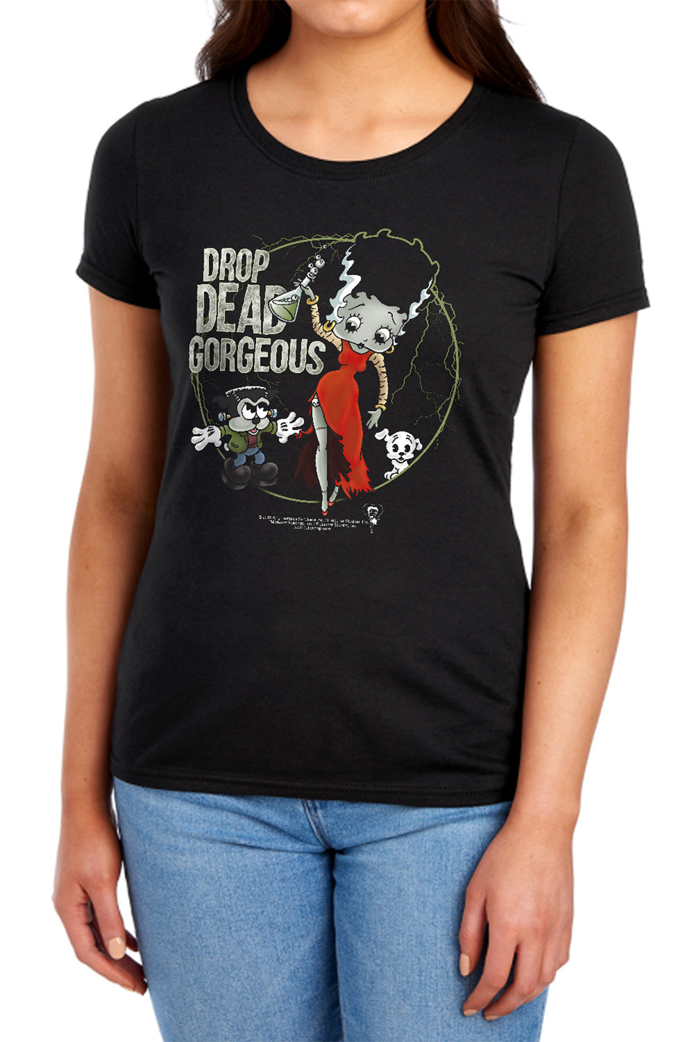 AN OFFCIALLY LICENSED BETTY BOOP DROP DEAD GORGEOUS WOMEN'S REGULAR FIT T-SHIRT BLACK