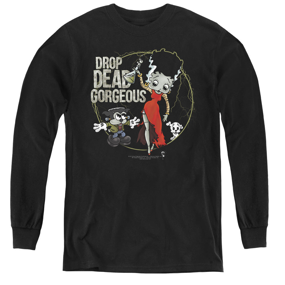 AN OFFCIALLY LICENSED BETTY BOOP DROP DEAD GORGEOUS YOUTH LONG SLEEVE T-SHIRT BLACK