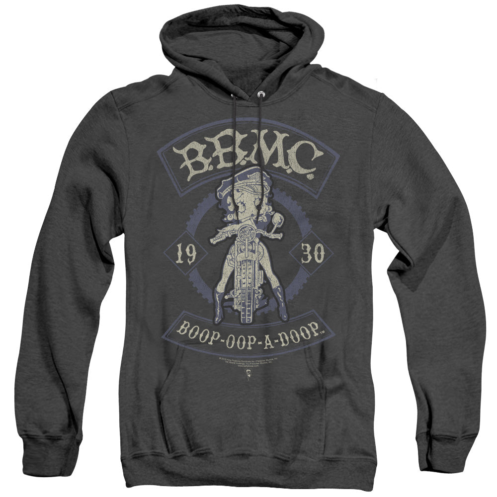 AN OFFCIALLY LICENSED BETTY BOOP B.B.M.C. ADULT UNISEX HEATHER PULLOVER HOODIE BLACK