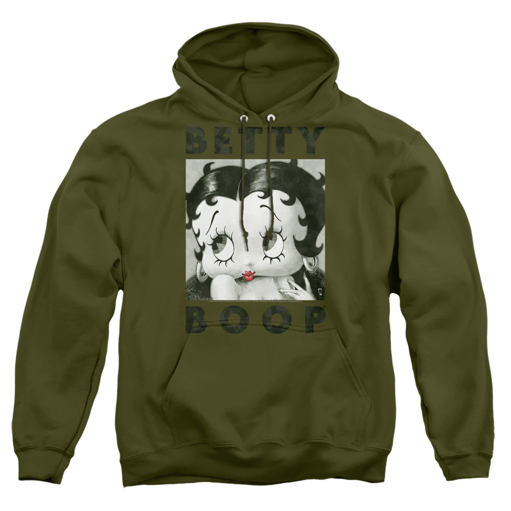 AN OFFCIALLY LICENSED BETTY BOOP CAMO GLAMOUR ADULT UNISEX PULLOVER HOODIE MILITARY GREEN