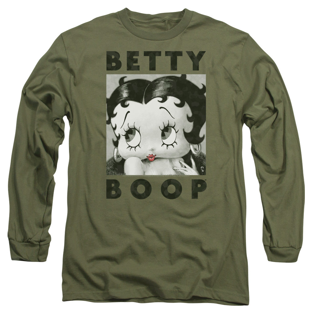 AN OFFCIALLY LICENSED BETTY BOOP CAMO GLAMOUR MEN'S LONG SLEEVE T-SHIRT MILITARY GREEN