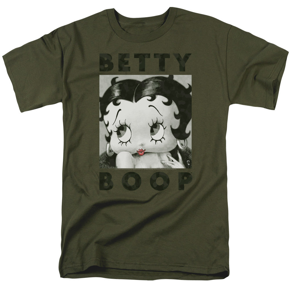 AN OFFCIALLY LICENSED BETTY BOOP CAMO GLAMOUR MEN'S REGULAR FIT T-SHIRT MILITARY GREEN