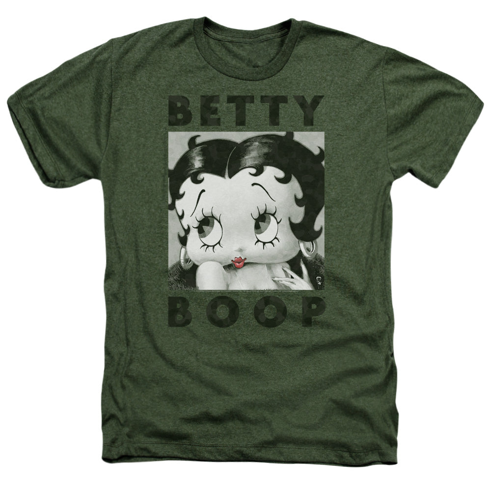 AN OFFCIALLY LICENSED BETTY BOOP CAMO GLAMOUR MEN'S HEATHER T-SHIRT MILITARY GREEN