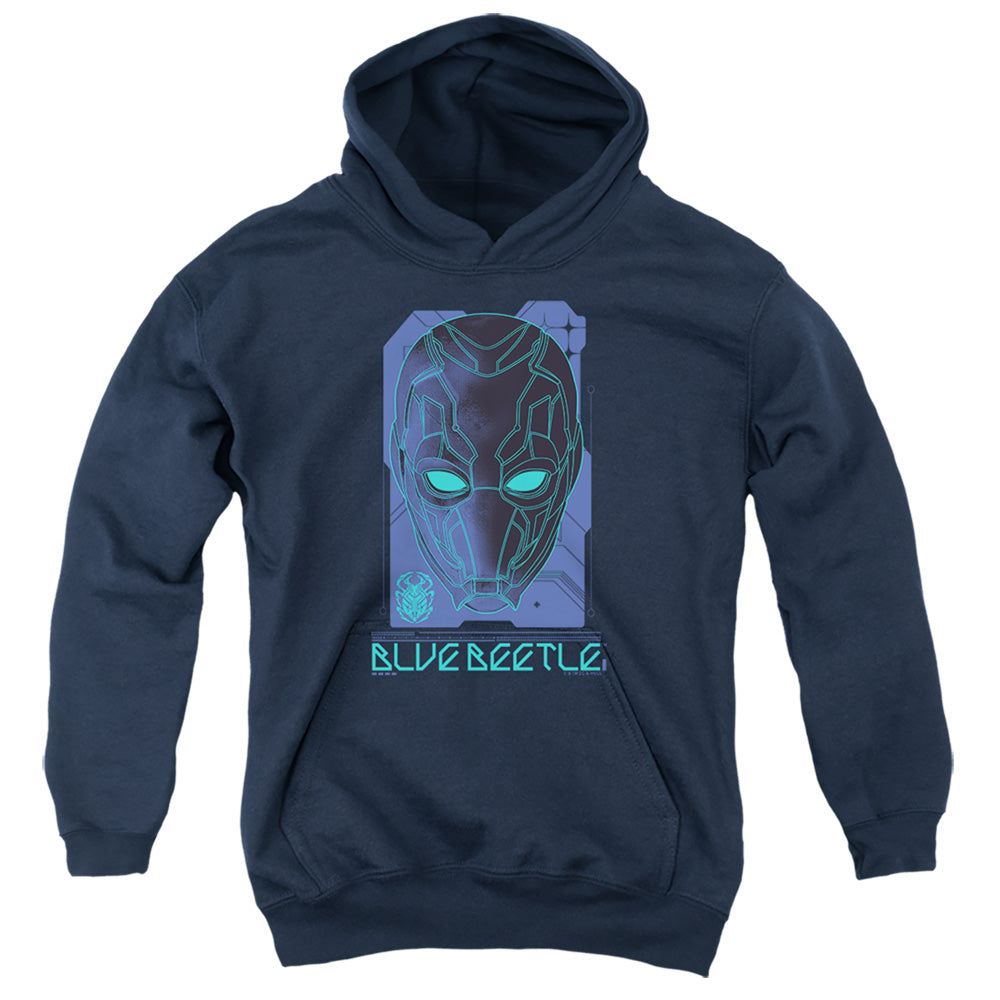 AN OFFCIALLY LICENSED BLUE BEETLE (2023) LARGE MASK YOUTH HOODIE NAVY