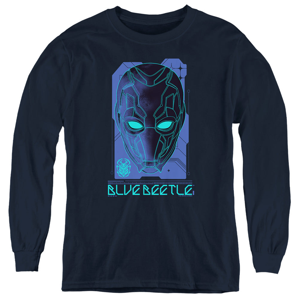 AN OFFCIALLY LICENSED BLUE BEETLE (2023) LARGE MASK YOUTH LONG SLEEVE T-SHIRT NAVY