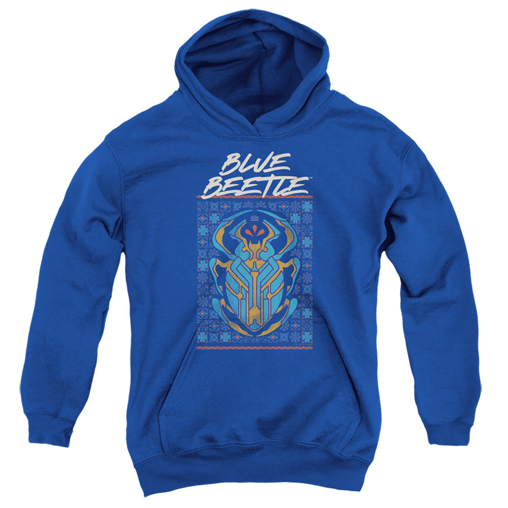 AN OFFCIALLY LICENSED BLUE BEETLE (2023) STYLIZED SCARAB YOUTH HOODIE ROYAL