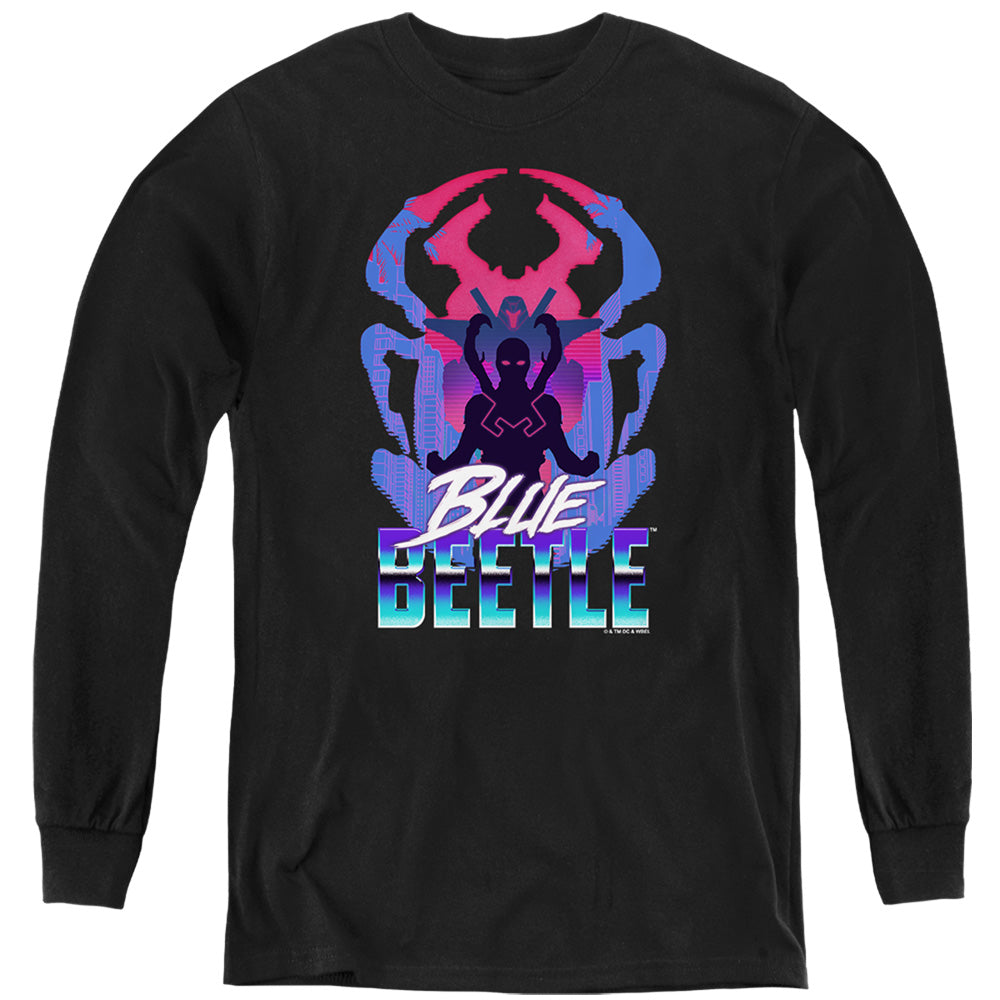 AN OFFCIALLY LICENSED BLUE BEETLE (2023) SILHOUETTE YOUTH LONG SLEEVE T-SHIRT BLACK