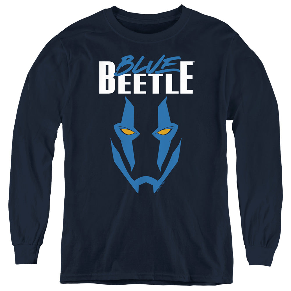 AN OFFCIALLY LICENSED BLUE BEETLE (2023) MASK YOUTH LONG SLEEVE T-SHIRT NAVY