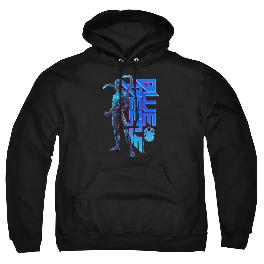 AN OFFCIALLY LICENSED BLUE BEETLE (2023) STANDING ADULT UNISEX PULLOVER HOODIE BLACK