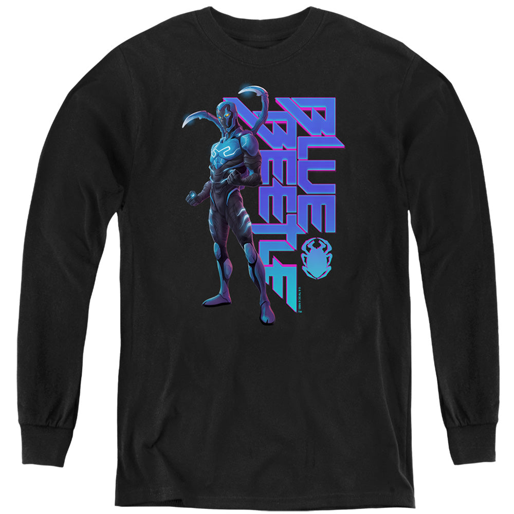 AN OFFCIALLY LICENSED BLUE BEETLE (2023) STANDING YOUTH LONG SLEEVE T-SHIRT BLACK