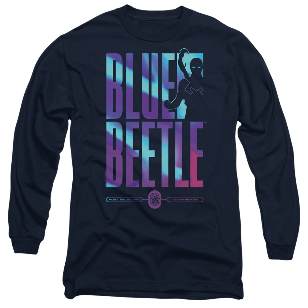 AN OFFCIALLY LICENSED BLUE BEETLE (2023) HERO HOST MEN'S LONG SLEEVE T-SHIRT NAVY