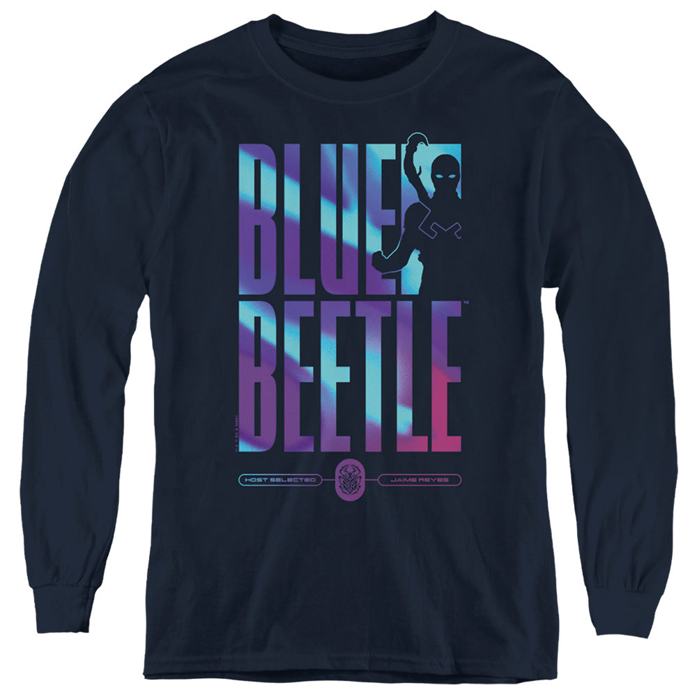 AN OFFCIALLY LICENSED BLUE BEETLE (2023) HERO HOST YOUTH LONG SLEEVE T-SHIRT NAVY