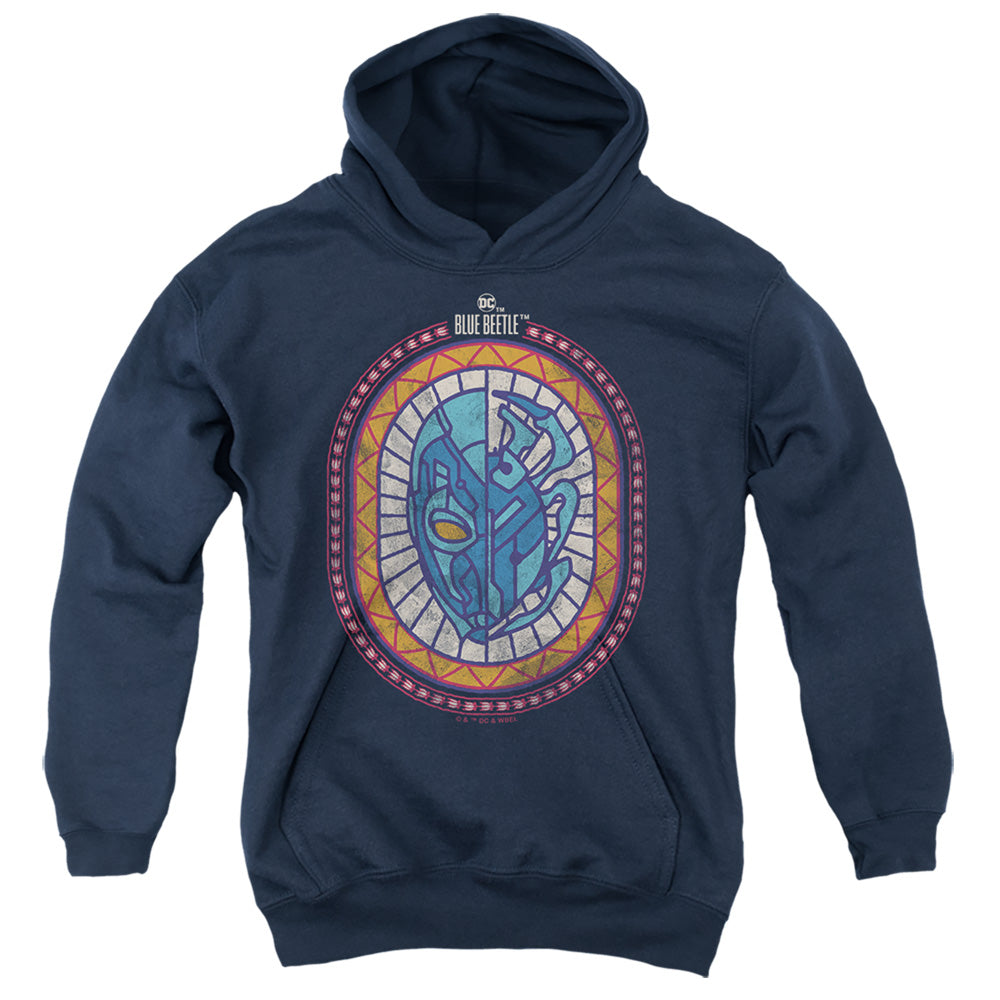 AN OFFCIALLY LICENSED BLUE BEETLE (2023) REYES COURAGE YOUTH HOODIE NAVY