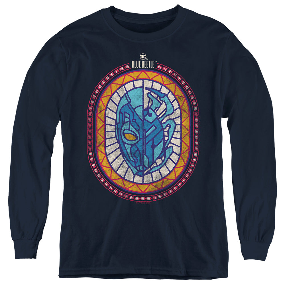 AN OFFCIALLY LICENSED BLUE BEETLE (2023) REYES COURAGE YOUTH LONG SLEEVE T-SHIRT NAVY