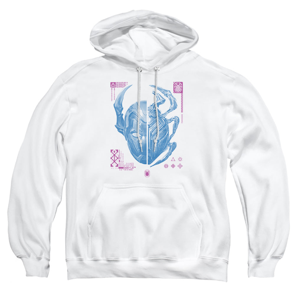 AN OFFCIALLY LICENSED BLUE BEETLE (2023) SPLIT BEETLE ADULT UNISEX PULLOVER HOODIE WHITE