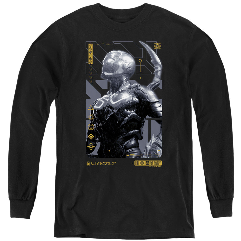 AN OFFCIALLY LICENSED BLUE BEETLE (2023) BEETLE HEADS UP YOUTH LONG SLEEVE T-SHIRT BLACK