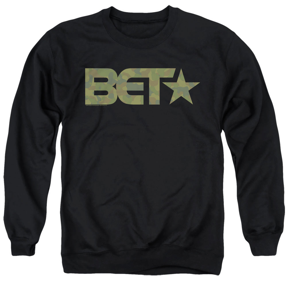 AN OFFCIALLY LICENSED BET BET CAMO LOGO ADULT UNISEX CREWNECK SWEATSHIRT BLACK