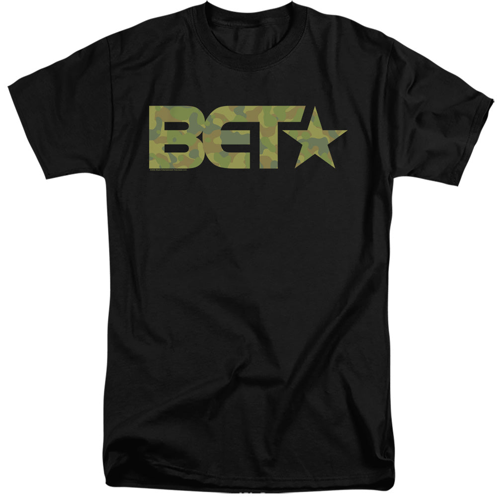AN OFFCIALLY LICENSED BET BET CAMO LOGO MEN'S TALL FIT T-SHIRT BLACK