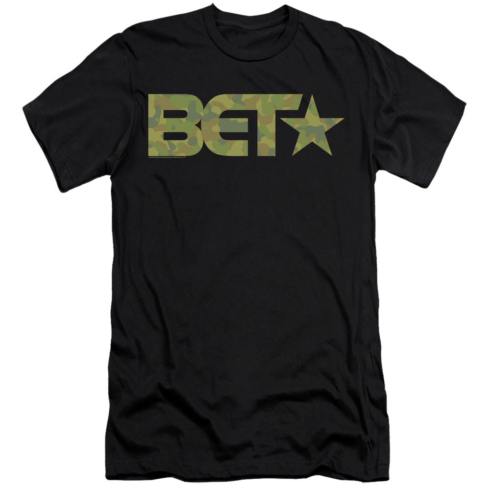 AN OFFCIALLY LICENSED BET BET CAMO LOGO MEN'S PREMIUM SLIM FIT T-SHIRT BLACK