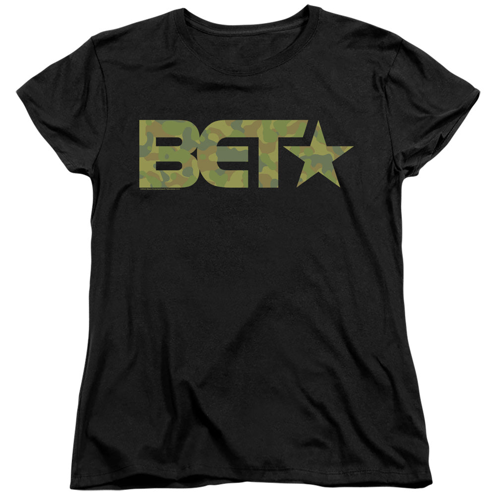 AN OFFCIALLY LICENSED BET BET CAMO LOGO WOMEN'S REGULAR FIT T-SHIRT BLACK