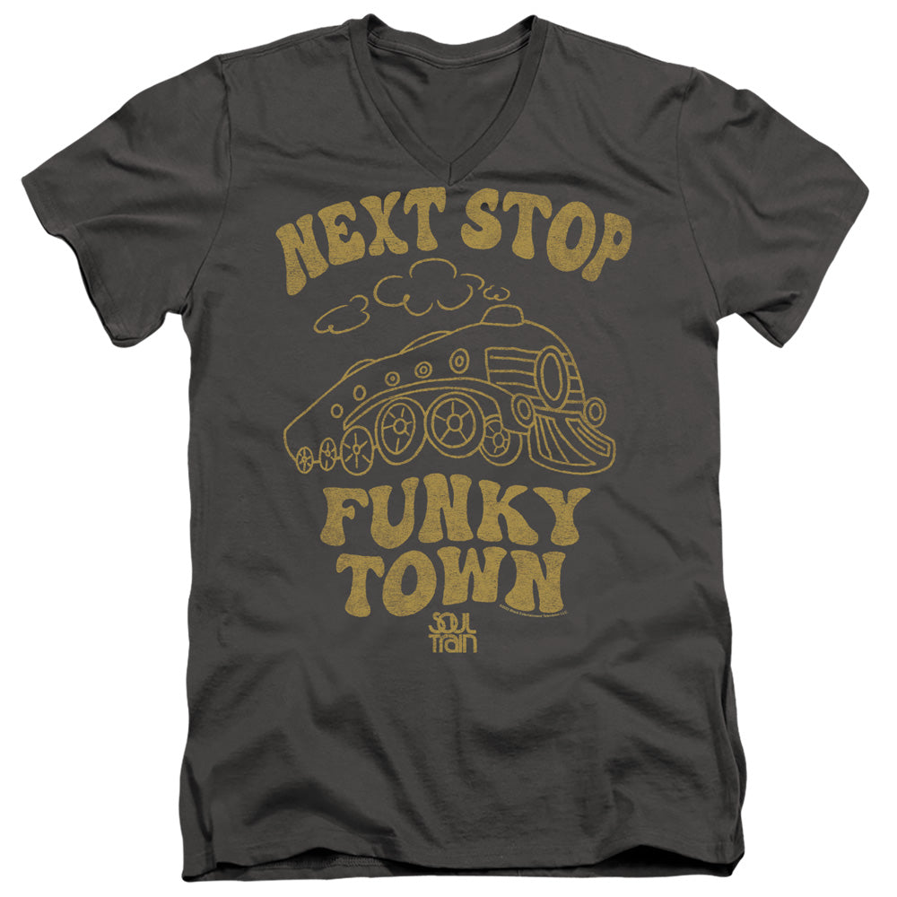AN OFFCIALLY LICENSED BET SOUL TRAIN NEXT STOP MEN'S V-NECK T-SHIRT CHARCOAL