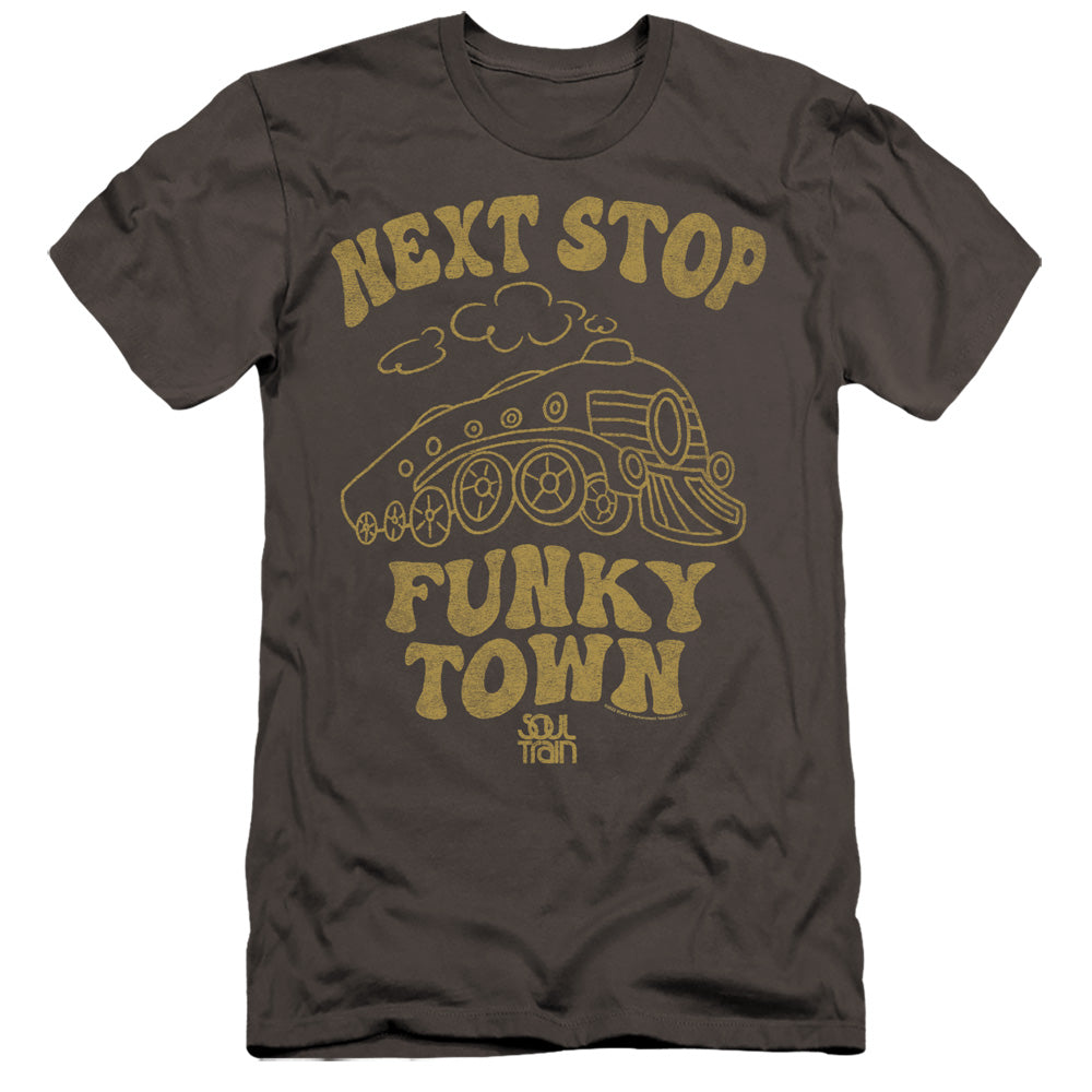 AN OFFCIALLY LICENSED BET SOUL TRAIN NEXT STOP MEN'S PREMIUM SLIM FIT T-SHIRT CHARCOAL
