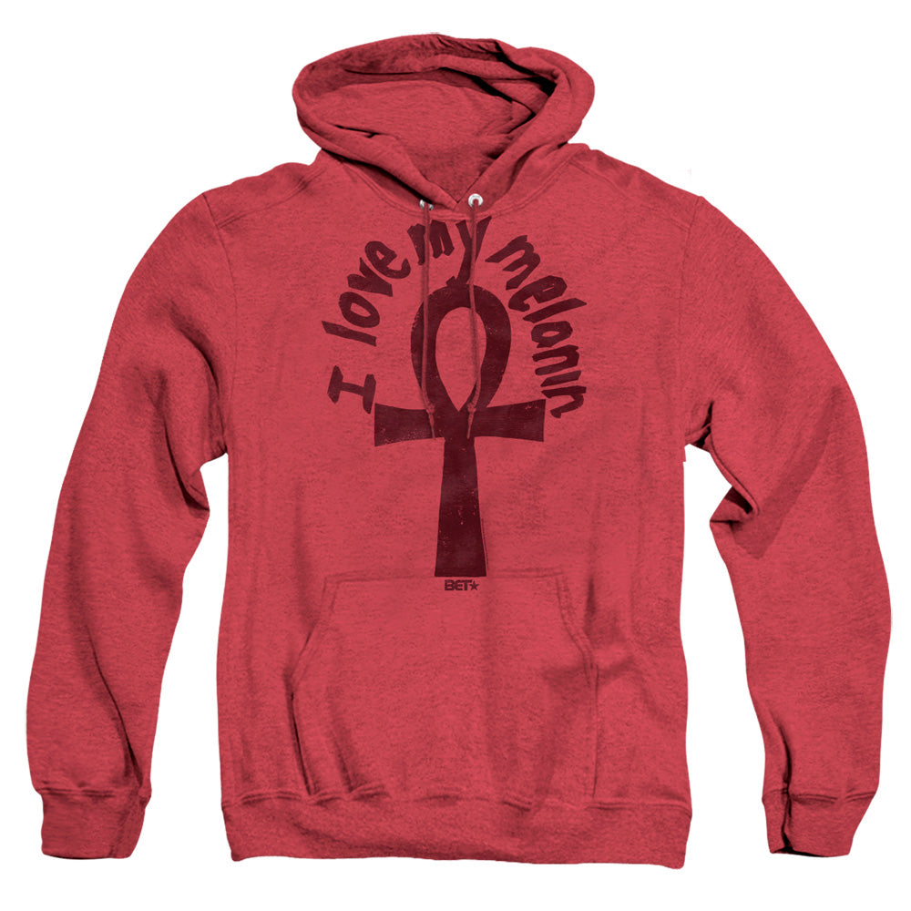 AN OFFCIALLY LICENSED BET I LOVE MY MELANIN ADULT UNISEX HEATHER PULLOVER HOODIE RED