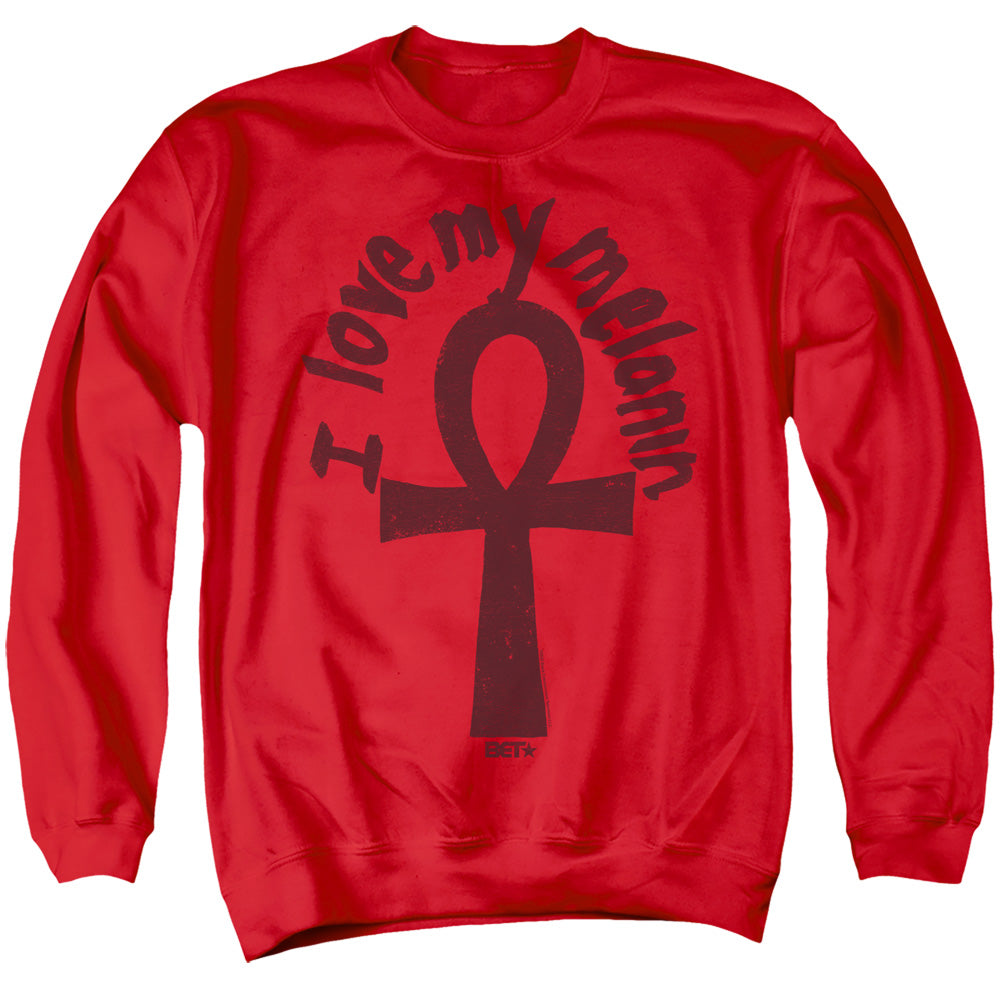 AN OFFCIALLY LICENSED BET I LOVE MY MELANIN ADULT UNISEX CREWNECK SWEATSHIRT RED