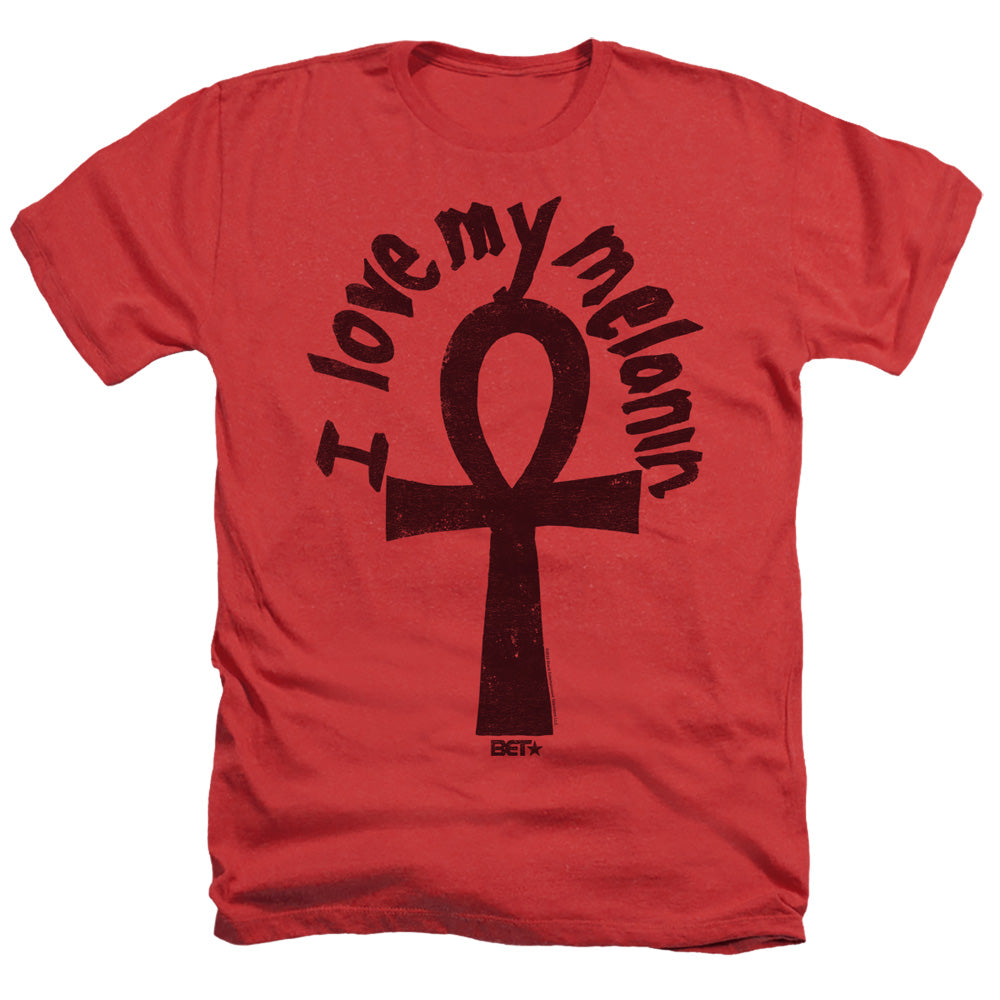 AN OFFCIALLY LICENSED BET I LOVE MY MELANIN MEN'S HEATHER T-SHIRT RED