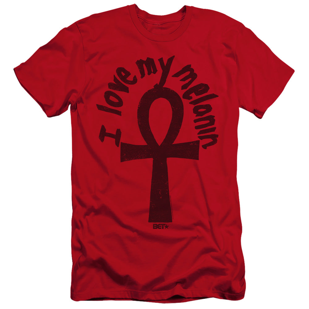AN OFFCIALLY LICENSED BET I LOVE MY MELANIN MEN'S PREMIUM SLIM FIT T-SHIRT RED