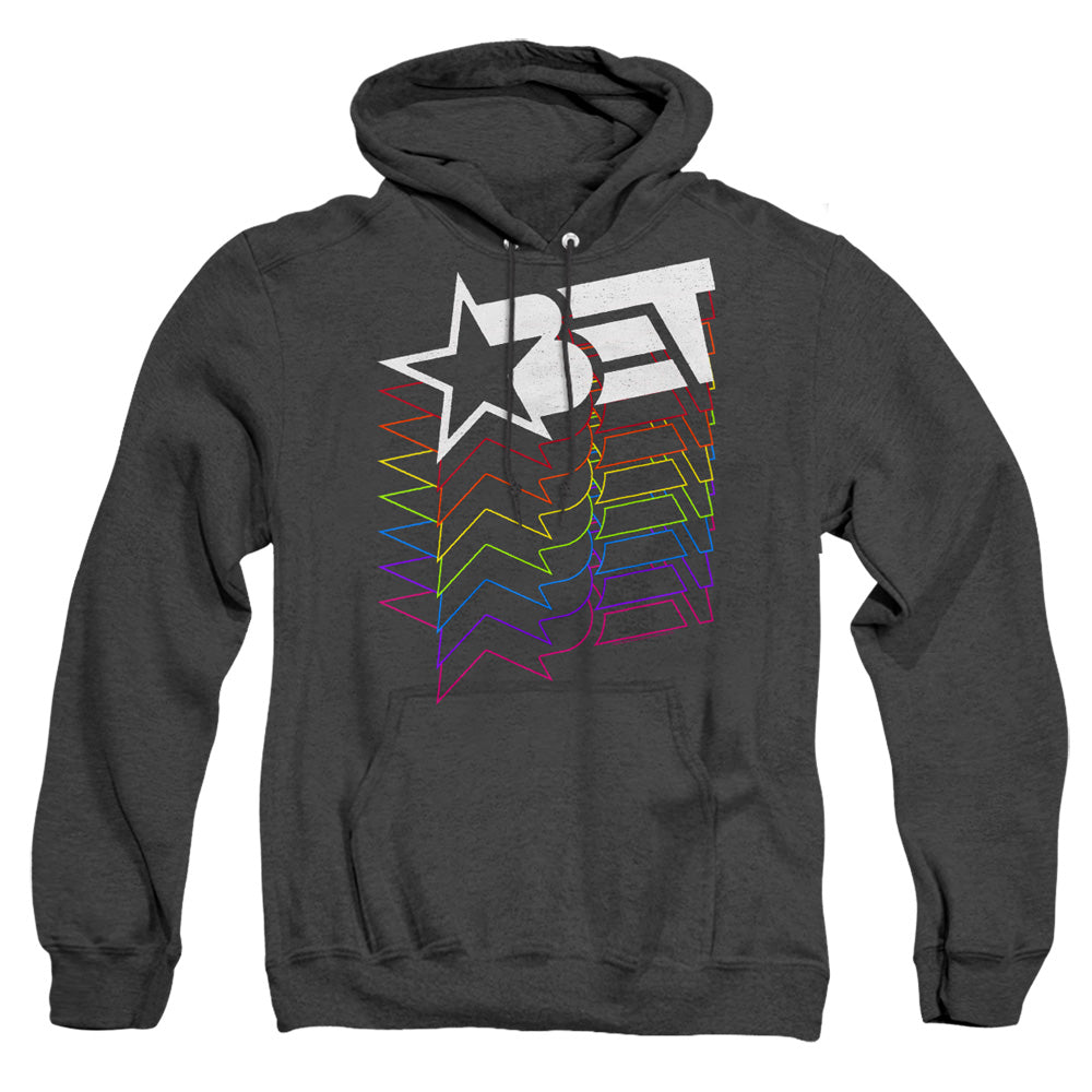 AN OFFCIALLY LICENSED BET LOGO CASCADING RAINBOW ADULT UNISEX HEATHER PULLOVER HOODIE BLACK