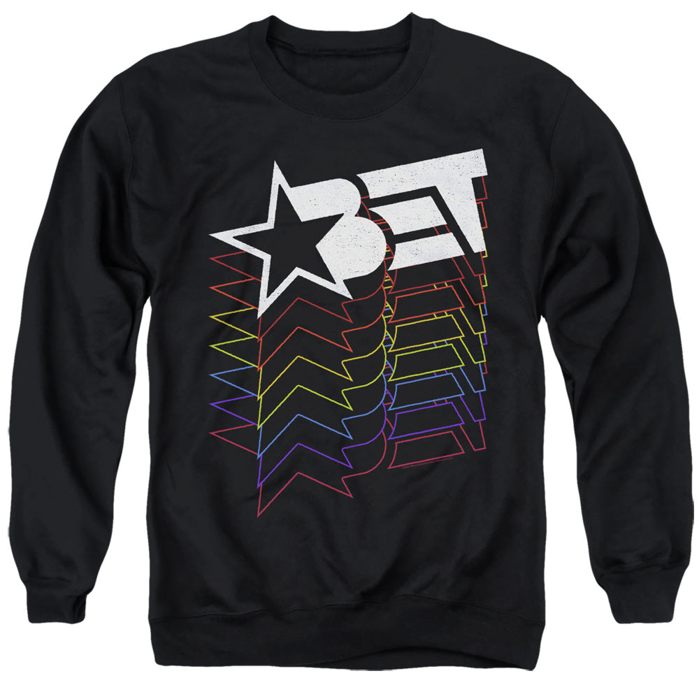 AN OFFCIALLY LICENSED BET LOGO CASCADING RAINBOW ADULT UNISEX CREWNECK SWEATSHIRT BLACK