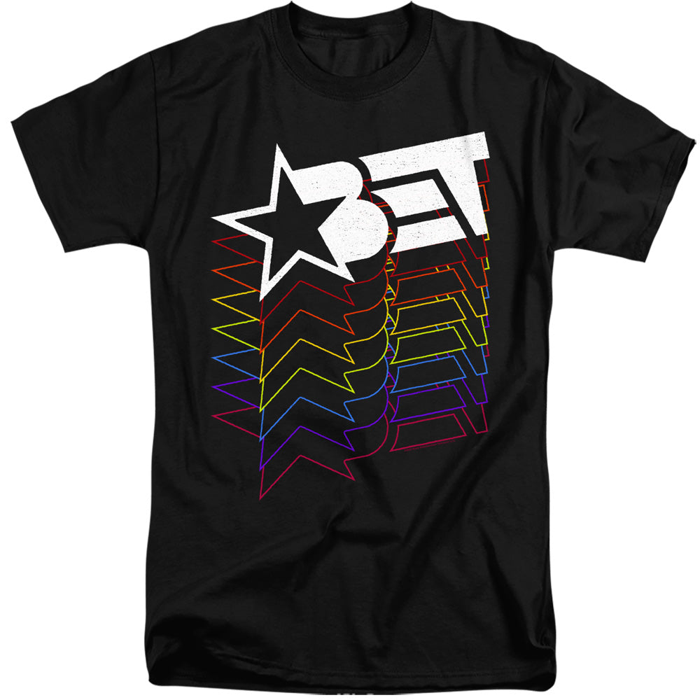 AN OFFCIALLY LICENSED BET LOGO CASCADING RAINBOW MEN'S TALL FIT T-SHIRT BLACK