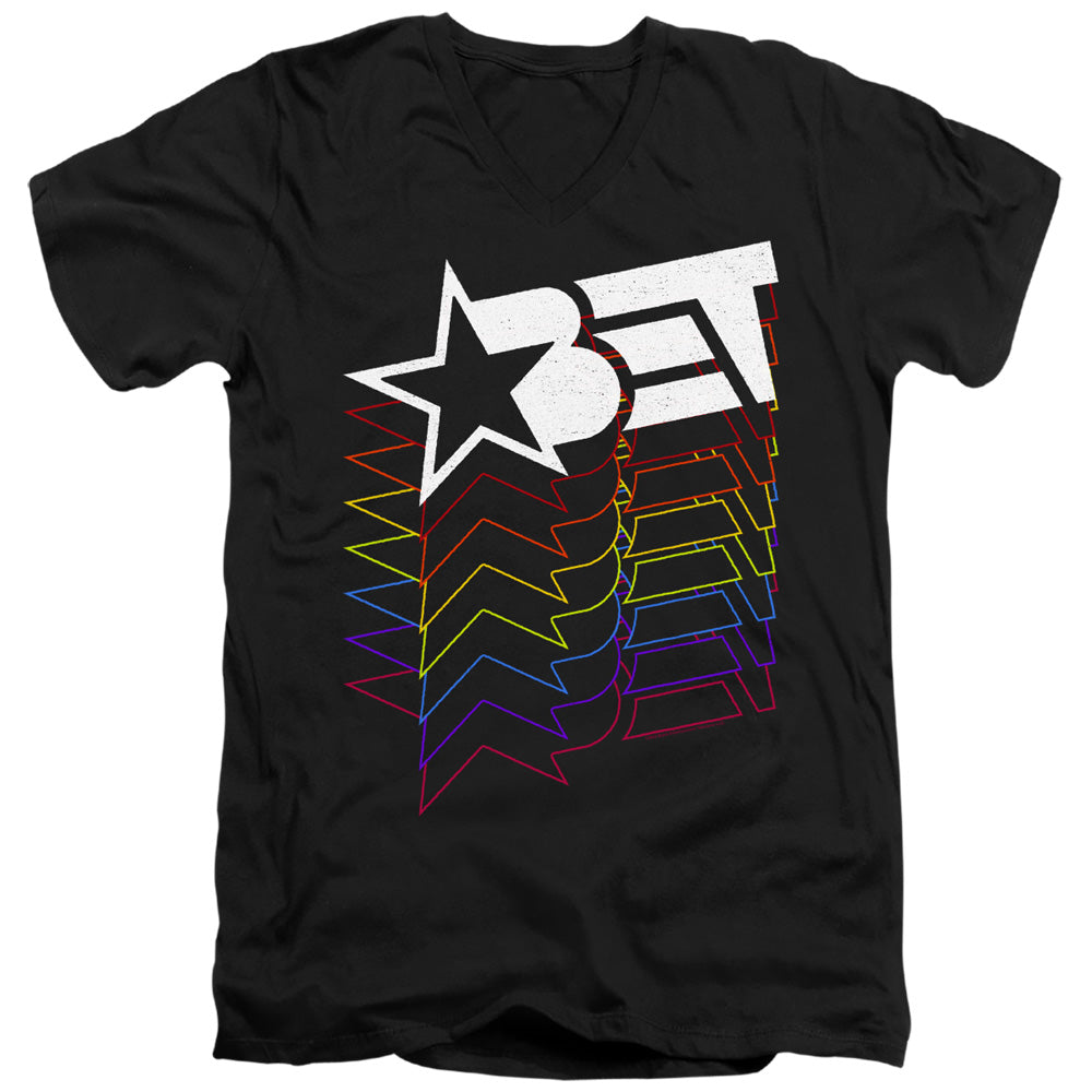 AN OFFCIALLY LICENSED BET LOGO CASCADING RAINBOW MEN'S V-NECK T-SHIRT BLACK