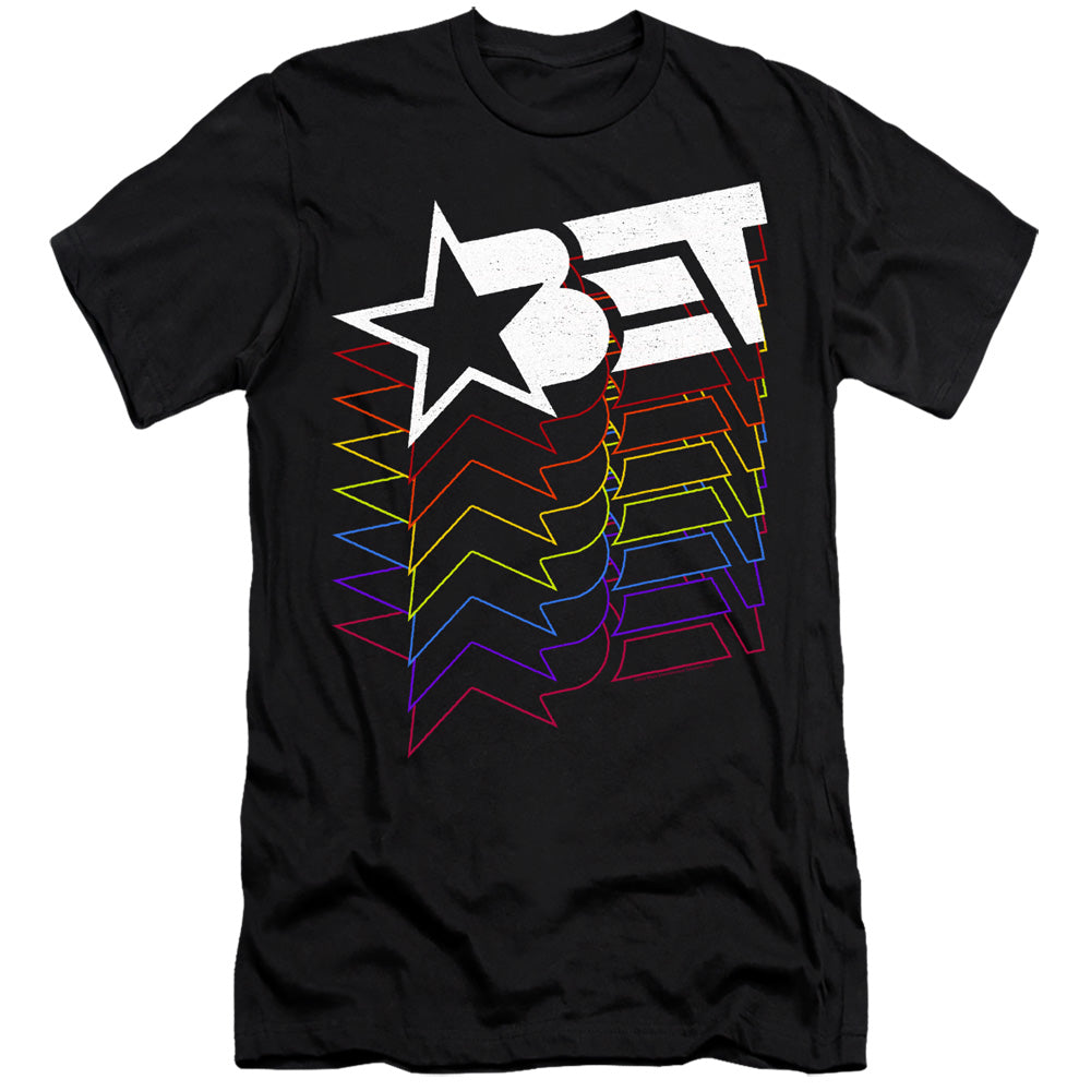 AN OFFCIALLY LICENSED BET LOGO CASCADING RAINBOW MEN'S PREMIUM SLIM FIT T-SHIRT BLACK
