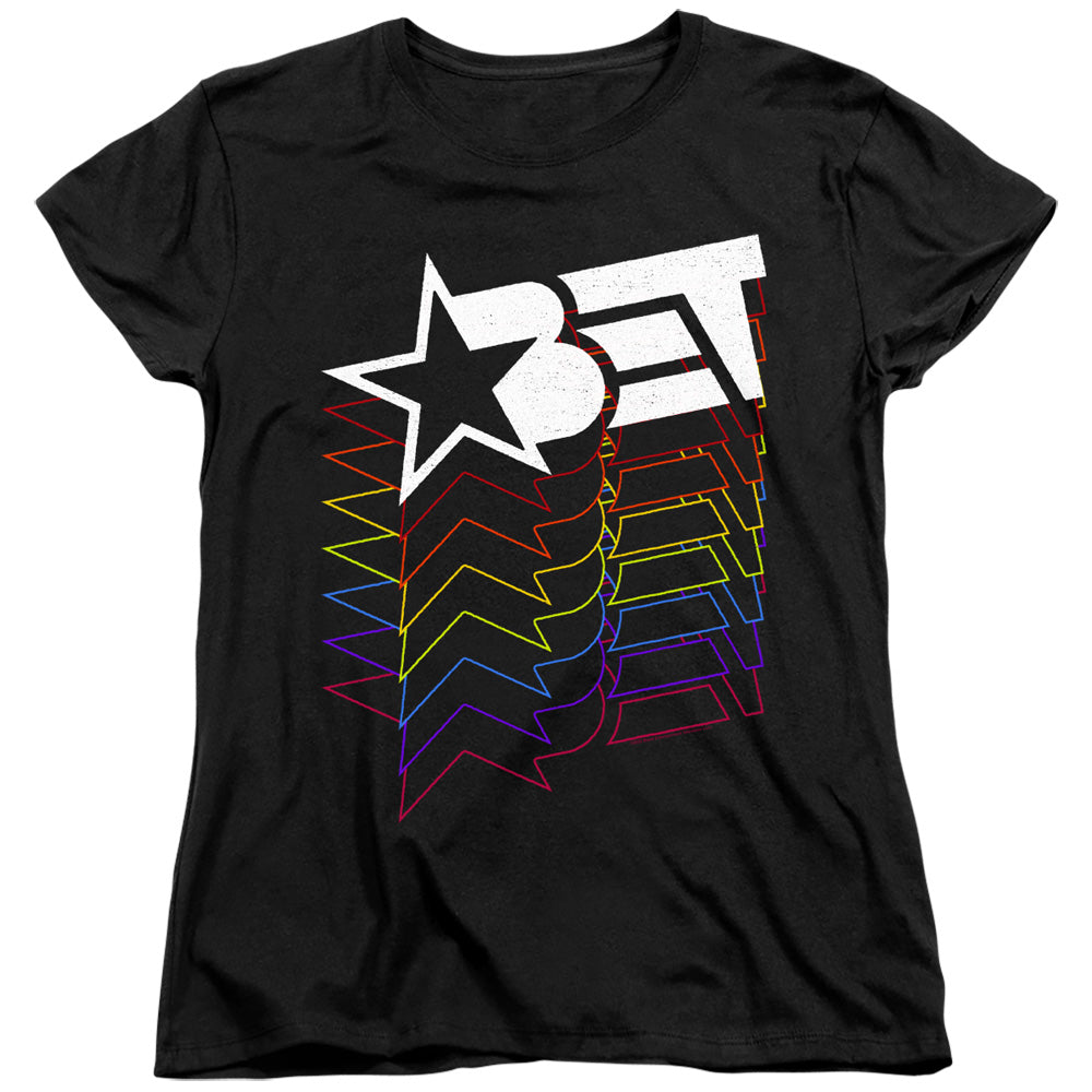 AN OFFCIALLY LICENSED BET LOGO CASCADING RAINBOW WOMEN'S REGULAR FIT T-SHIRT BLACK