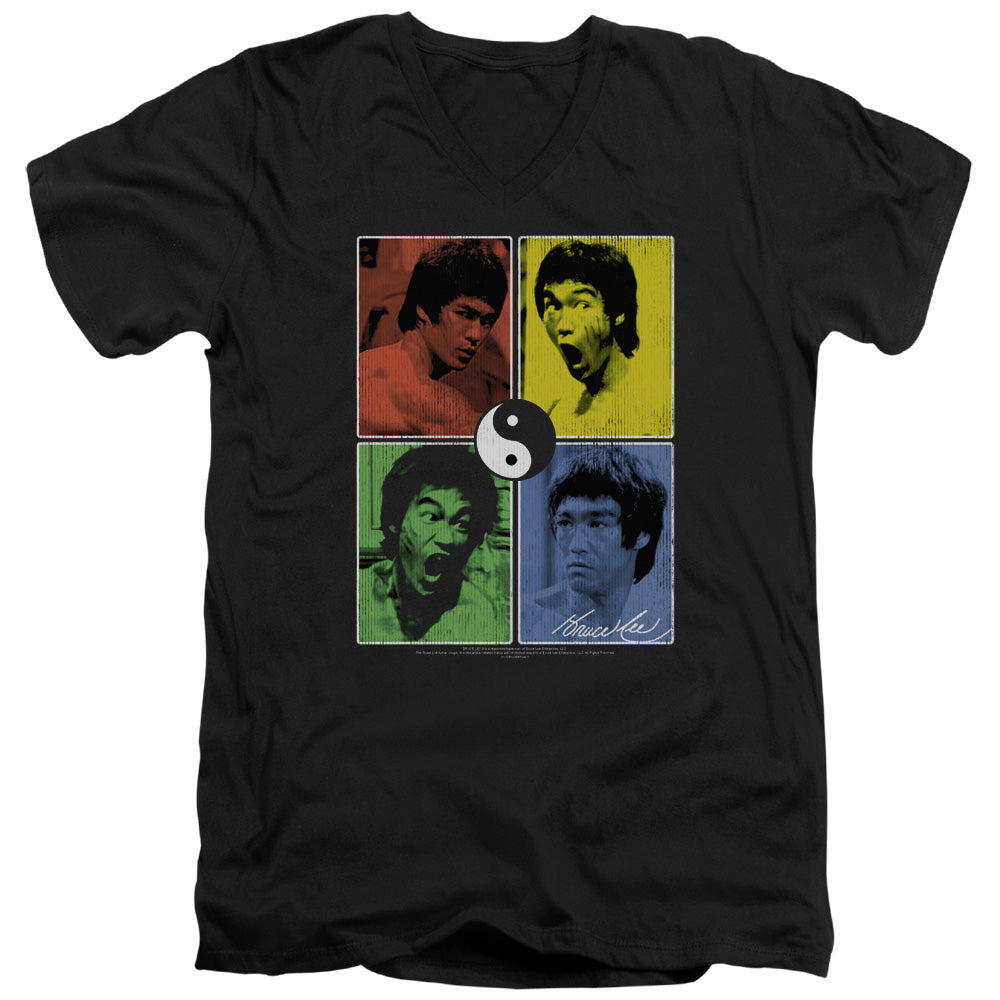 AN OFFCIALLY LICENSED BRUCE LEE ENTER COLOR BLOCK MEN'S V-NECK T-SHIRT BLACK