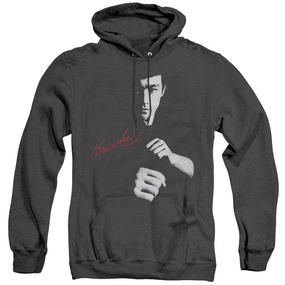 AN OFFCIALLY LICENSED BRUCE LEE THE DRAGON AWAITS ADULT UNISEX HEATHER PULLOVER HOODIE BLACK