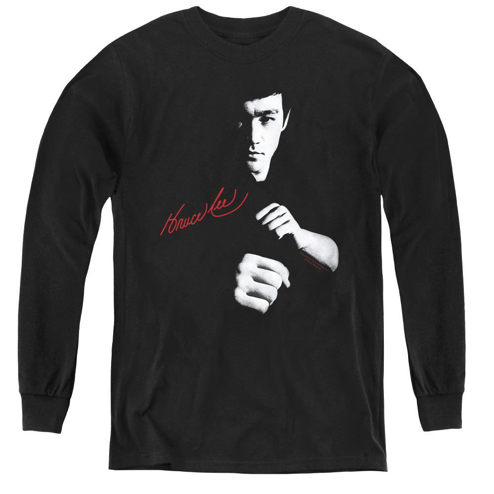 AN OFFCIALLY LICENSED BRUCE LEE THE DRAGON AWAITS YOUTH LONG SLEEVE T-SHIRT BLACK